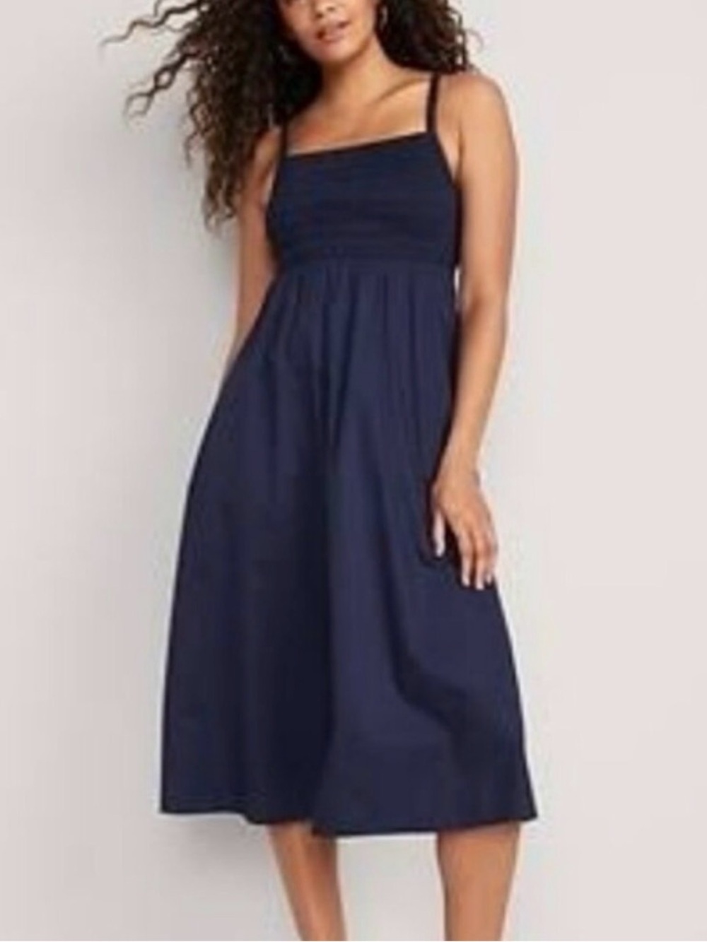 Navy Square-Neck Midi Dress with Spaghetti Straps